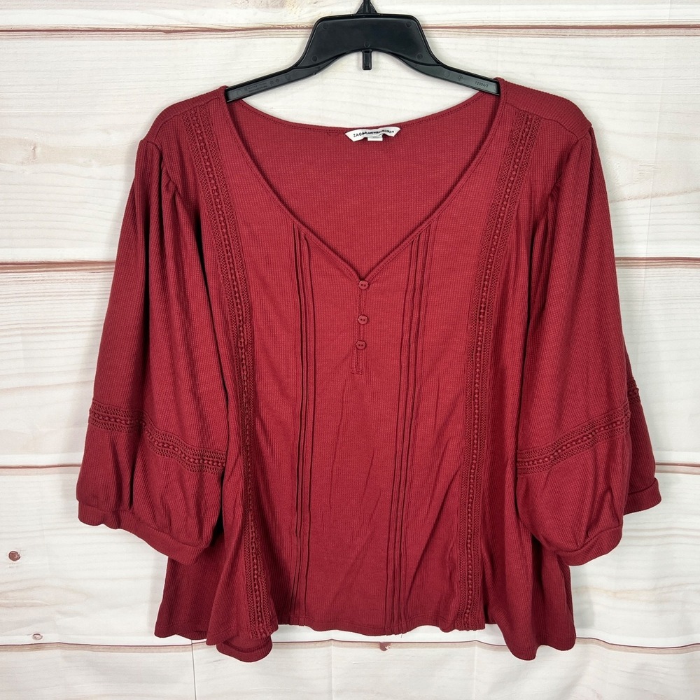 Zac & Rachel Top Womens 3X Red Waffle Knit‎ Blouse Puff Sleeve V-Neck Knit Lace